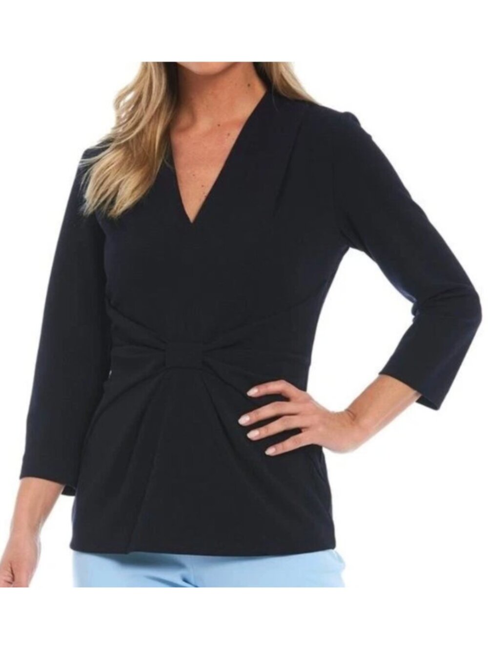 NEW NWT PRESTON YORK Solid Navy Blue Bow 3/4 Sleeve Polyester Blouse Top Small S